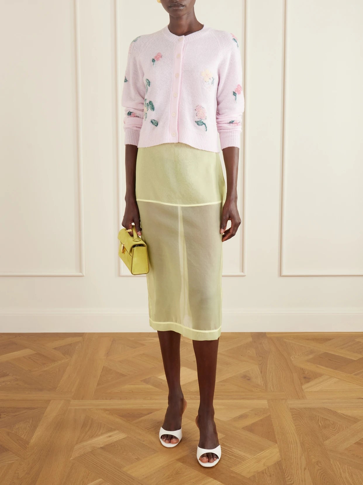 Image of a model wearing Outerwear. Product name - Clemence Wool-blend Cardigan in Pink colour by brand - BERNADETTE