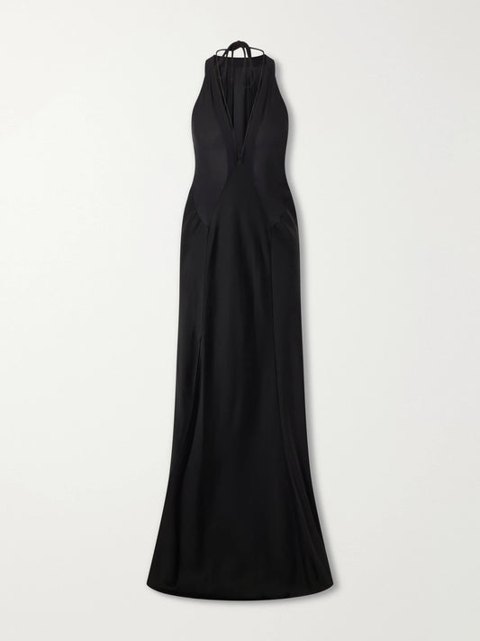 Image of Dresses. Product name - Paneled Satin Halterneck Gown in Black colour by brand - Victoria Beckham