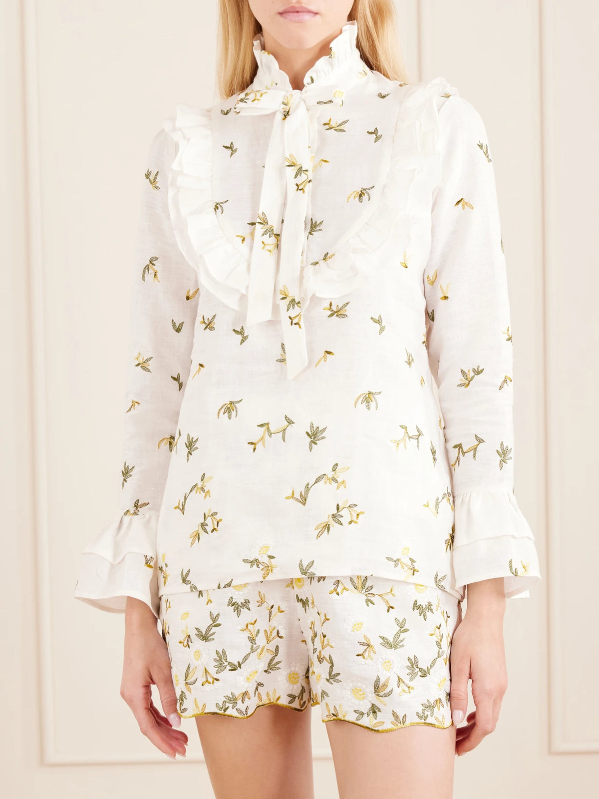 Cristiano Marcheli Valeria Ruffled Embroidered Linen Blouse
