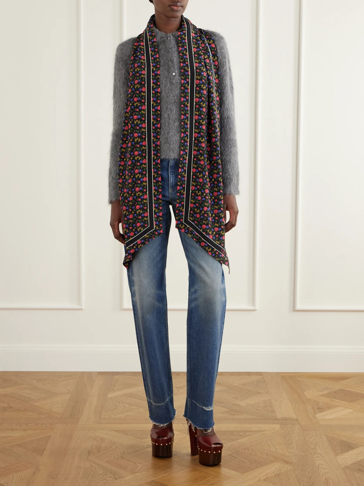 Image of Scarves & Shawls. Product name - Folk Floral-printed Silk-crepe Scarf in Multi colour by brand - Chloé