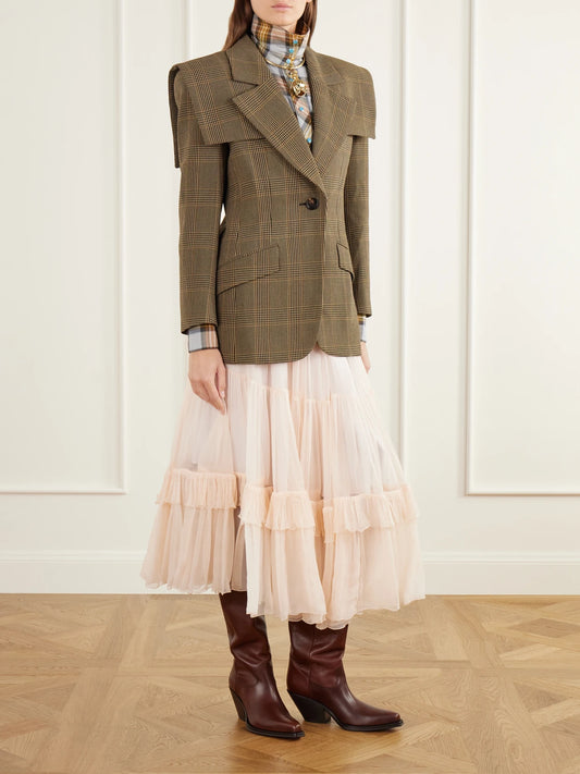 Image of Coats & Jackets. Product name - Cape-detailed Prince Of Wales Checked Virgin Wool-crepe Blazer in Brown colour by brand - Chloé