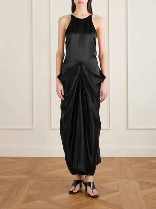 Image of Dresses. Product name - Kent Draped Satin Maxi Dress in Black colour by brand - KHAITE