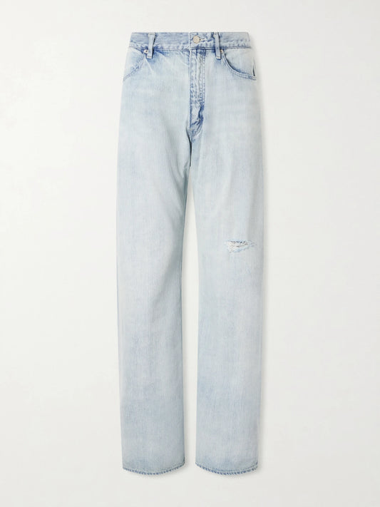 Image of Jeans. Product name - Distressed Wide-leg Jeans in Light denim colour by brand - Auralee