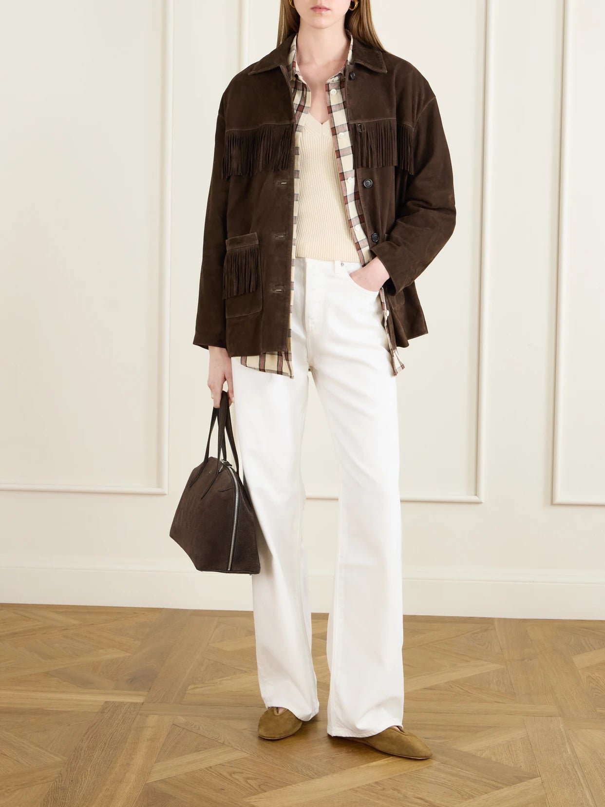Image of Coats & Jackets. Product name - Fringed Suede Jacket in Dark brown colour by brand - Nili Lotan