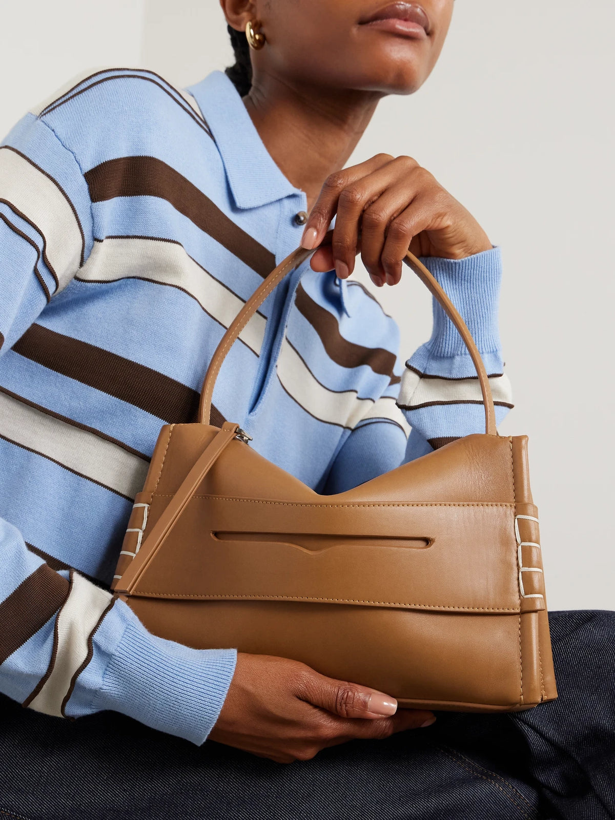 Image of Bags. Product name - Loafer Whipstitched Leather Shoulder Bag in Tan colour by brand - JW Anderson