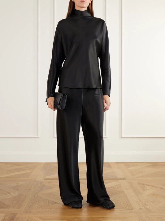 Image of Outfit Sets. Product name - Bias Satin Wide-leg Pants in Black, Ivory colour by brand - Almada