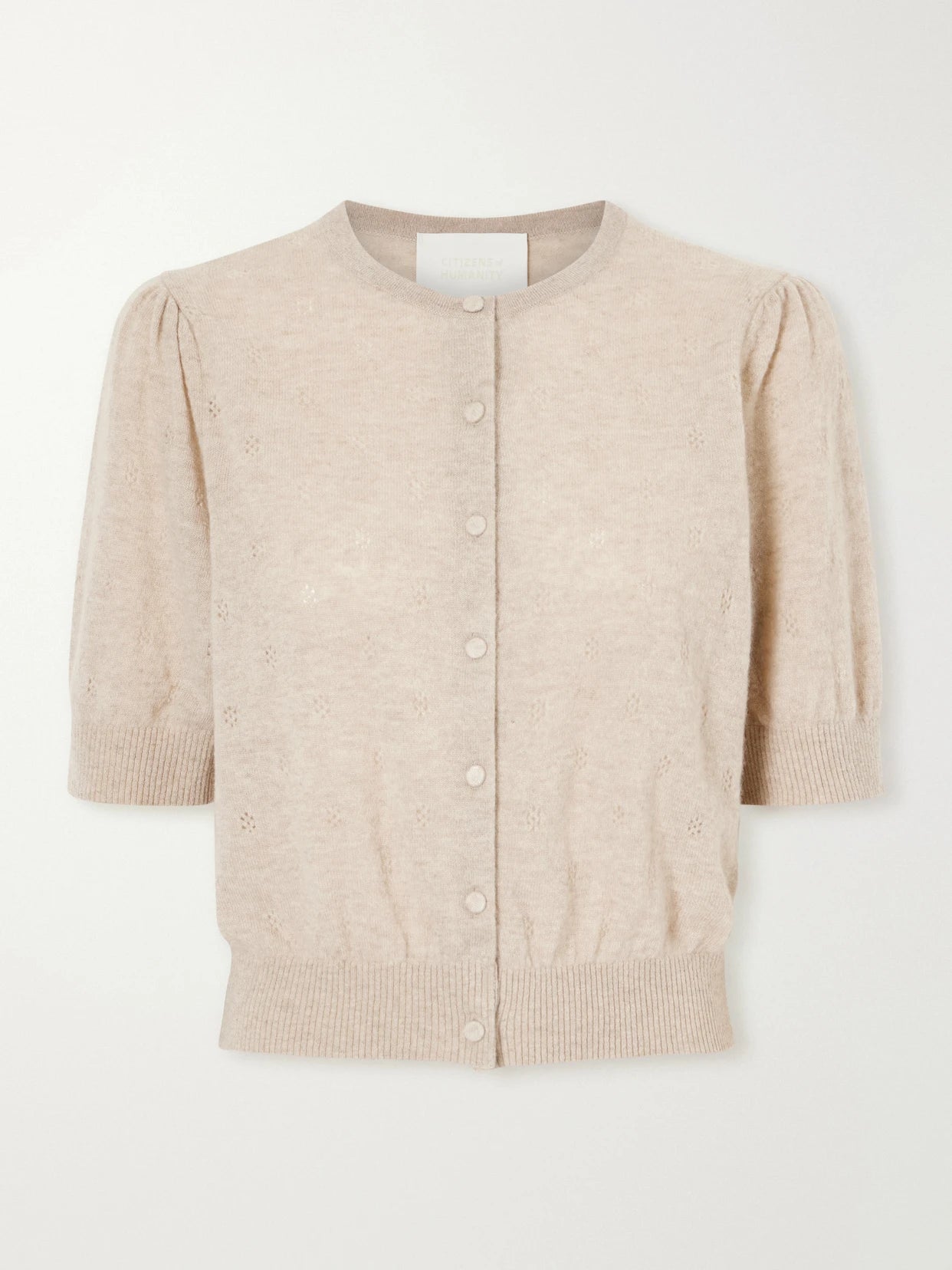 Image of a model wearing Outerwear. Product name - Raina Pointelle-knit Wool And Cashmere-blend Cardigan in Taupe colour by brand - Citizens of Humanity