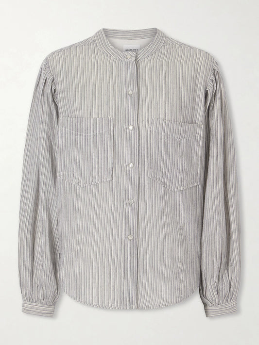 Image of a model wearing Tops. Product name - Selvia Striped Cotton Shirt in Blue colour by brand - MARANT ÉTOILE