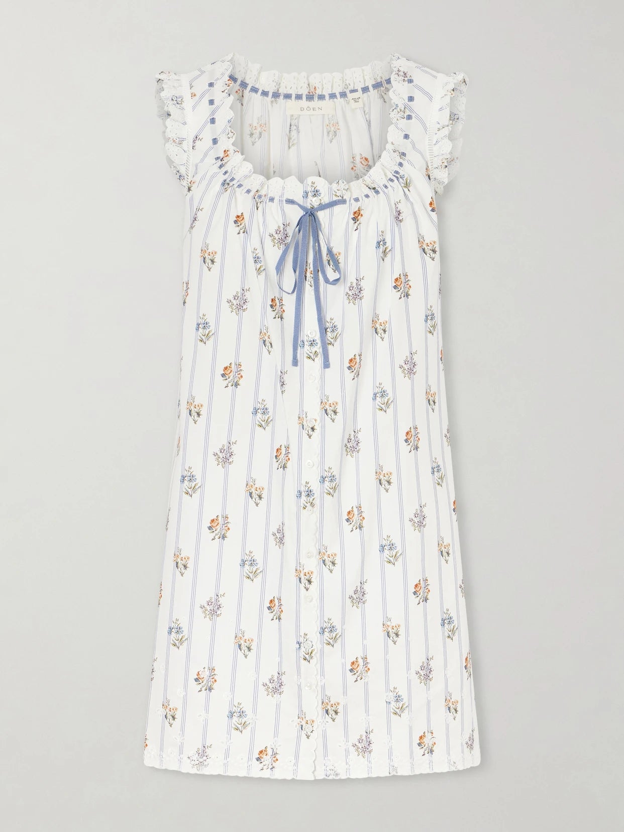 Image of Dresses. Product name - Nessie Embroidered Striped Floral-print Organic Cotton Mini Dress in Multi colour by brand - DÔEN