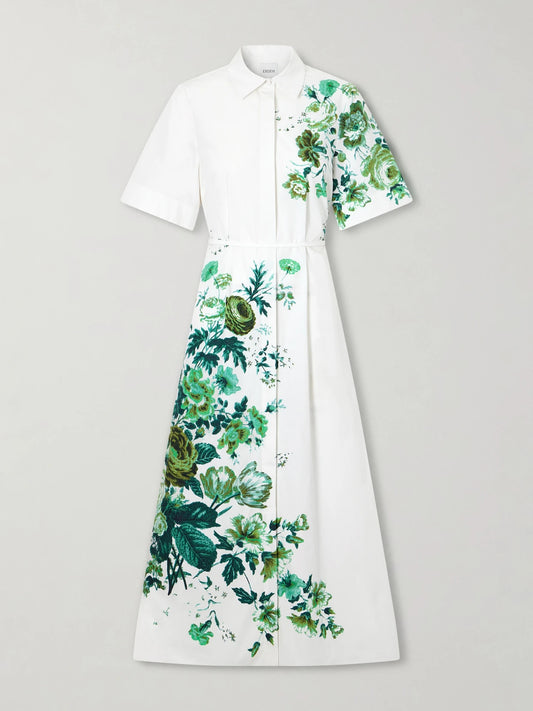 Image of Dresses. Product name - Floral-print Cotton-poplin Midi Shirt Dress in Mint colour by brand - Erdem