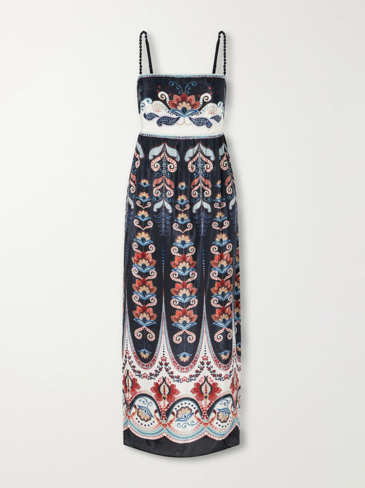 Farm Rio Nikita Winter Bead-embellished Printed Charmeuse Midi Dress