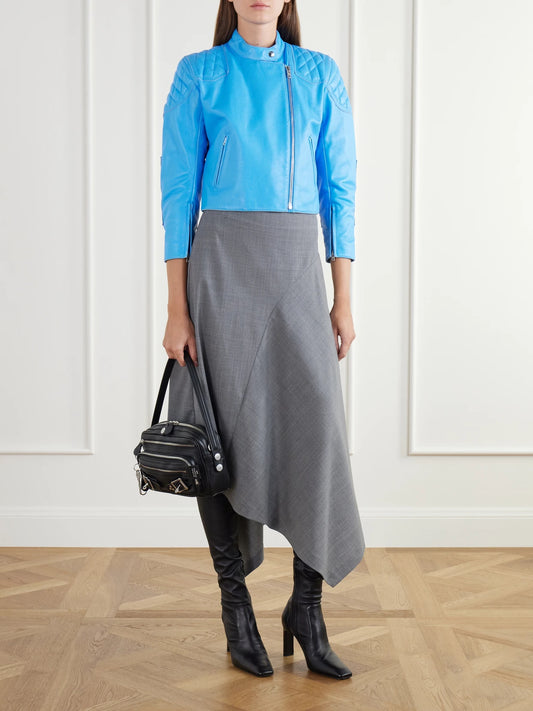 Image of Coats & Jackets. Product name - Cropped Quilted Leather Jacket in Blue colour by brand - Acne Studios