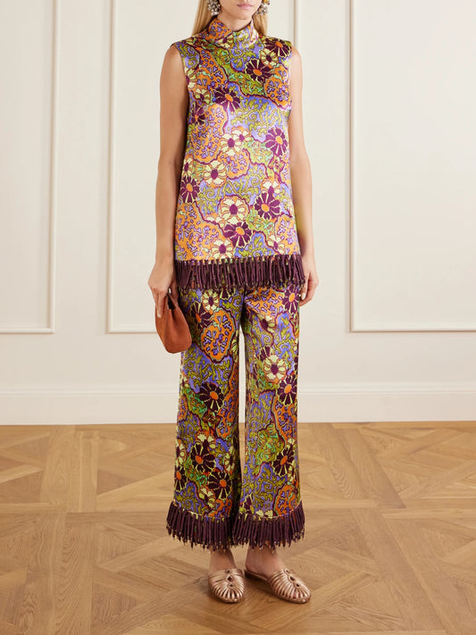 Image of Outfit Sets. Product name - Joanna Printed Satin Wide-leg Pants in Purple colour by brand - ALÉMAIS