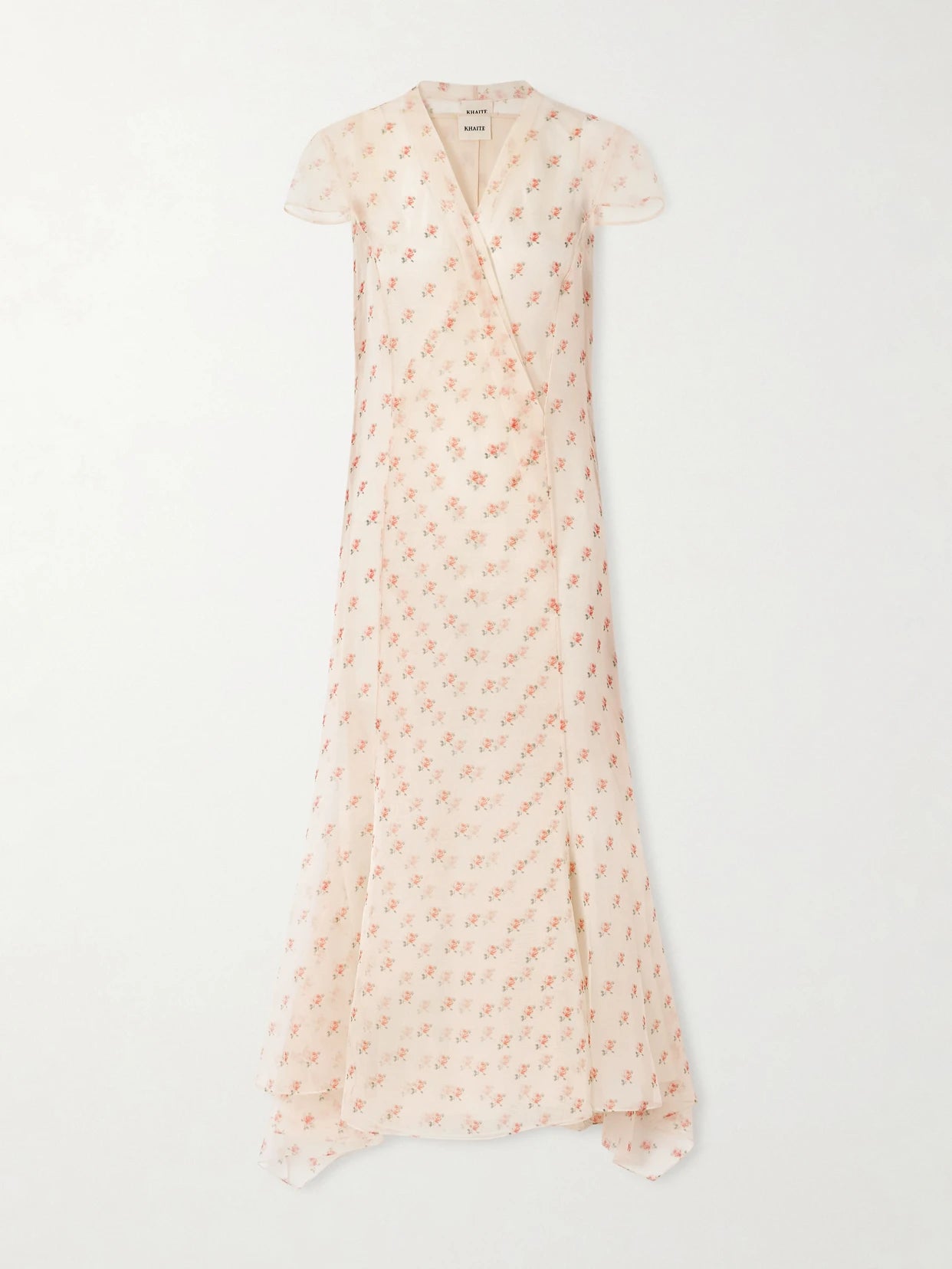 Image of Dresses. Product name - Meera Wrap-effect Floral-print Silk-organza Midi Dress in Baby pink colour by brand - KHAITE