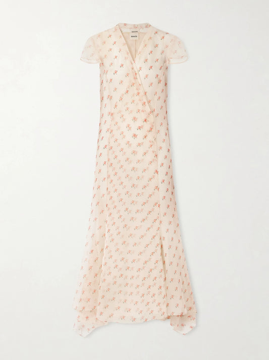 Image of Dresses. Product name - Meera Wrap-effect Floral-print Silk-organza Midi Dress in Baby pink colour by brand - KHAITE