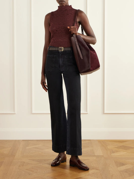 Image of a model wearing Tops. Product name - Alora Lace Tank in Burgundy colour by brand - Veronica Beard