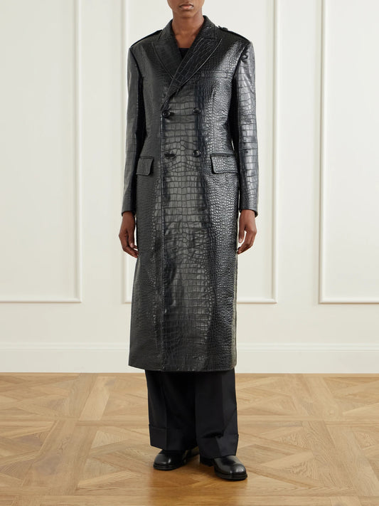 Image of Coats & Jackets. Product name - Croc-effect Material Double-breasted Coat in Black colour by brand - Junya Watanabe