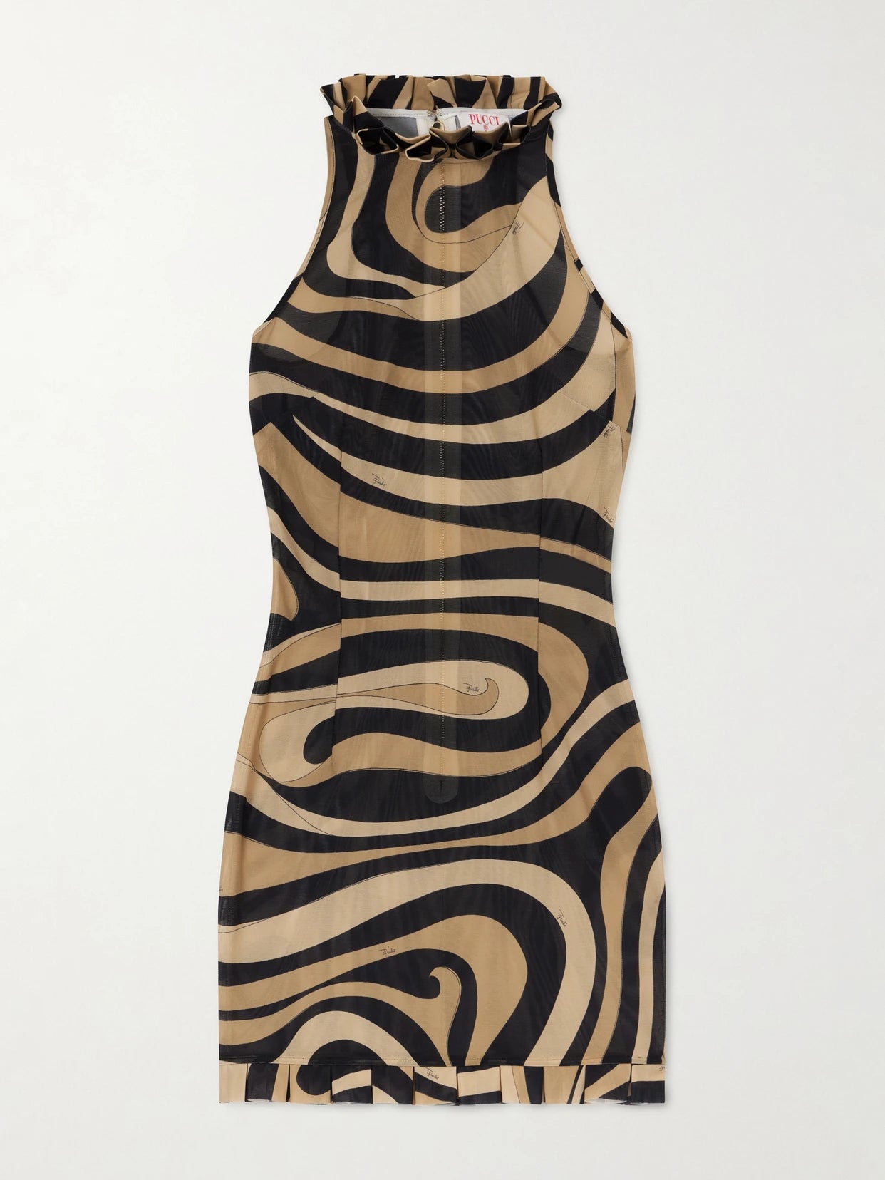 Pleated Printed Mesh Mini Dress