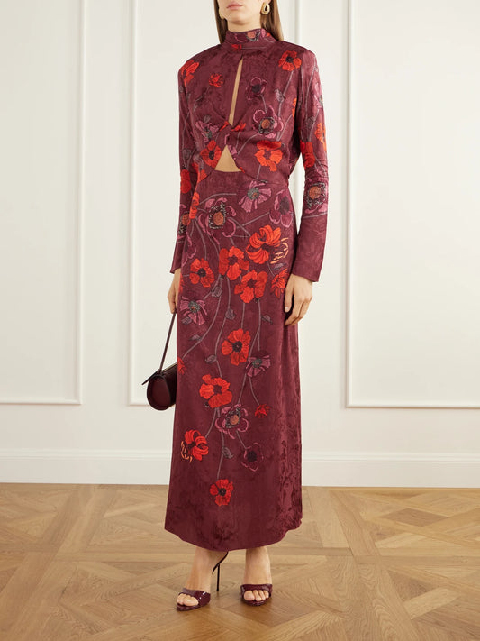 Image of Dresses. Product name - In The Woods Cut-out Floral-print Jacquard Midi Dress in Red colour by brand - Johanna Ortiz