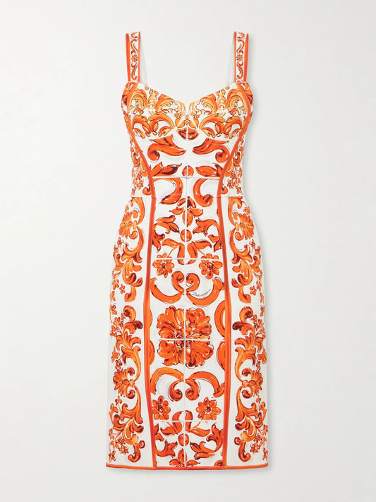 Image of Dresses. Product name - Printed Silk-blend Charmeuse Mini Dress in Orange colour by brand - Dolce & Gabbana
