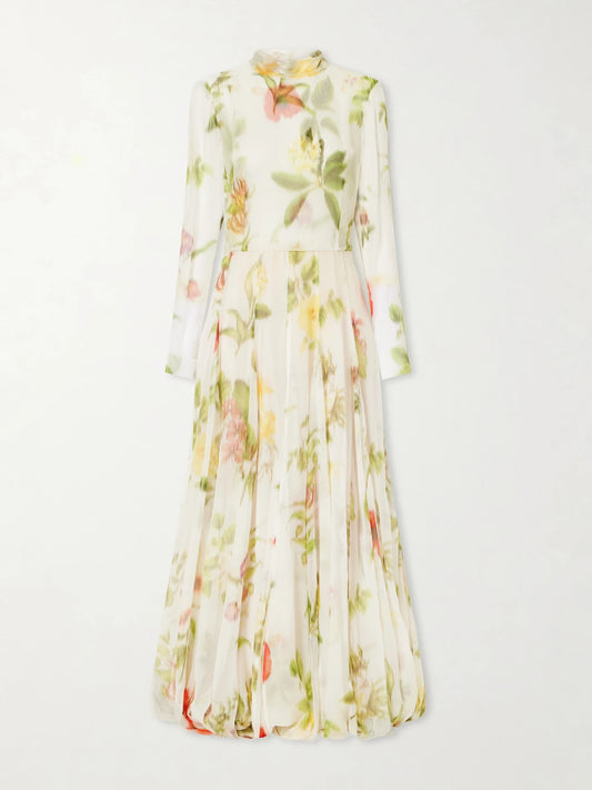 Chiné Dominican Floral-print Silk-chiffon Gown