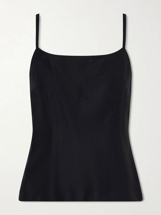 Image of a model wearing Tops. Product name - Woven Camisole in Black colour by brand - Brunello Cucinelli