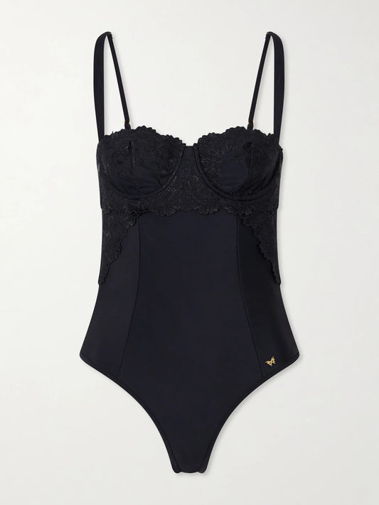 Image of Swimwear. Product name - Juliette Lace-trimmed One-piece in Black colour by brand - Kiki de Montparnasse