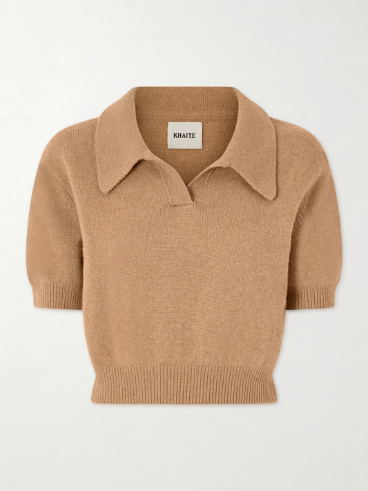 Image of a model wearing Outerwear. Product name - Leni Cropped Wool And Cashmere-blend Sweater in Camel colour by brand - KHAITE