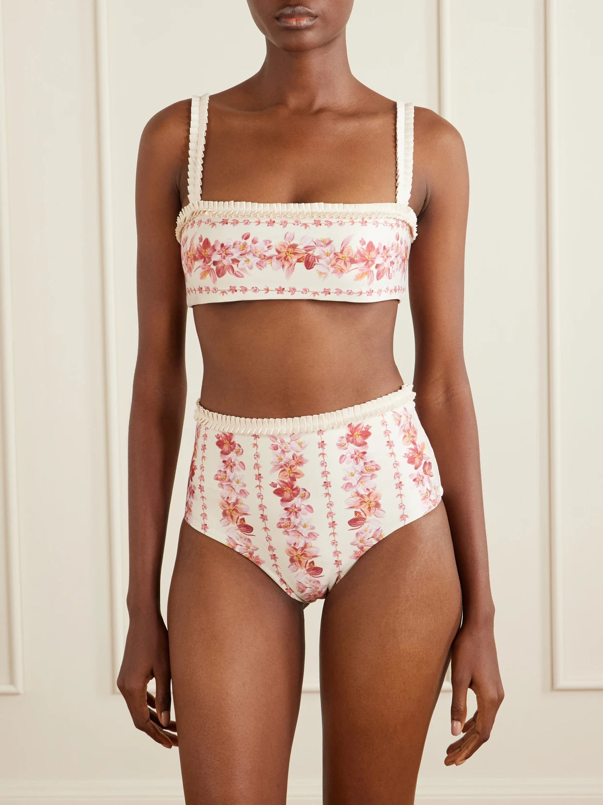Image of Swimwear. Product name - Olmo Cauca Floral-print Bikini Top in Pink colour by brand - Agua by Agua Bendita