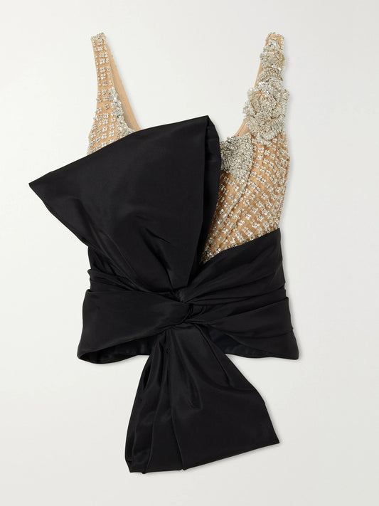 Oscar de la Renta Bow-detailed Crystal And Sequin-embellished Satin-trimmed Tulle Top