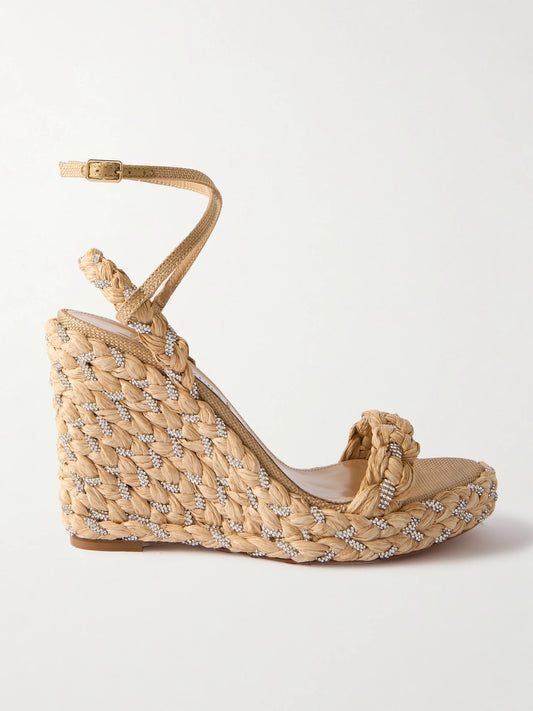 Costiera 120 Crystal-embellished Cord-trimmed Raffia Platorm Wedge Sandals