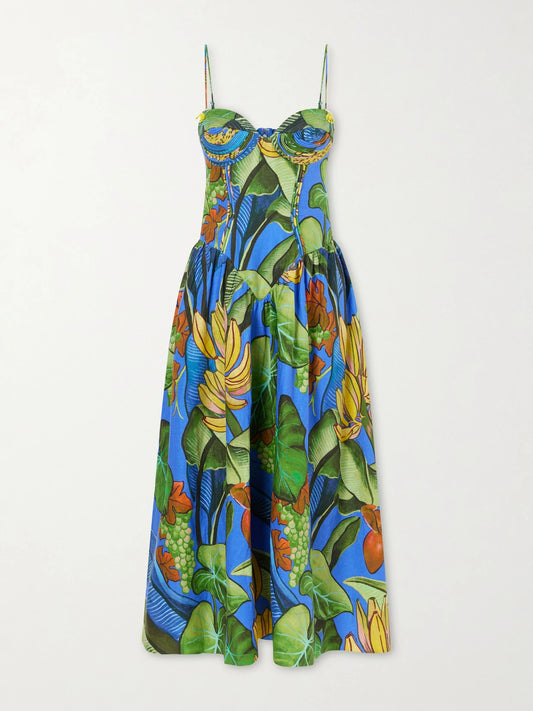 Image of Dresses. Product name - Banana Grapes Printed Linen-blend Midi Dress in Blue colour by brand - Farm Rio