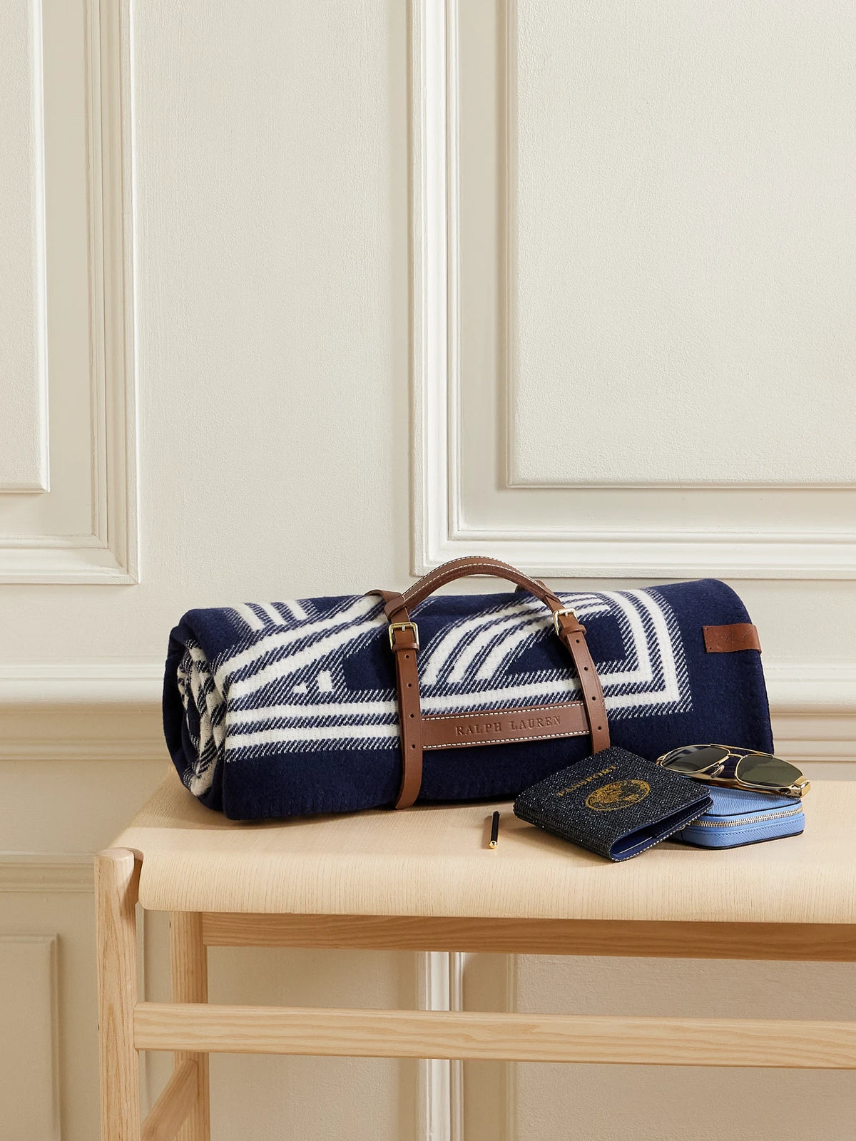 Image of Chair & Sofa Cushions. Product name - Berken Merino Wool And Cashmere-blend Jacquard Blanket in Blue colour by brand - Ralph Lauren Home