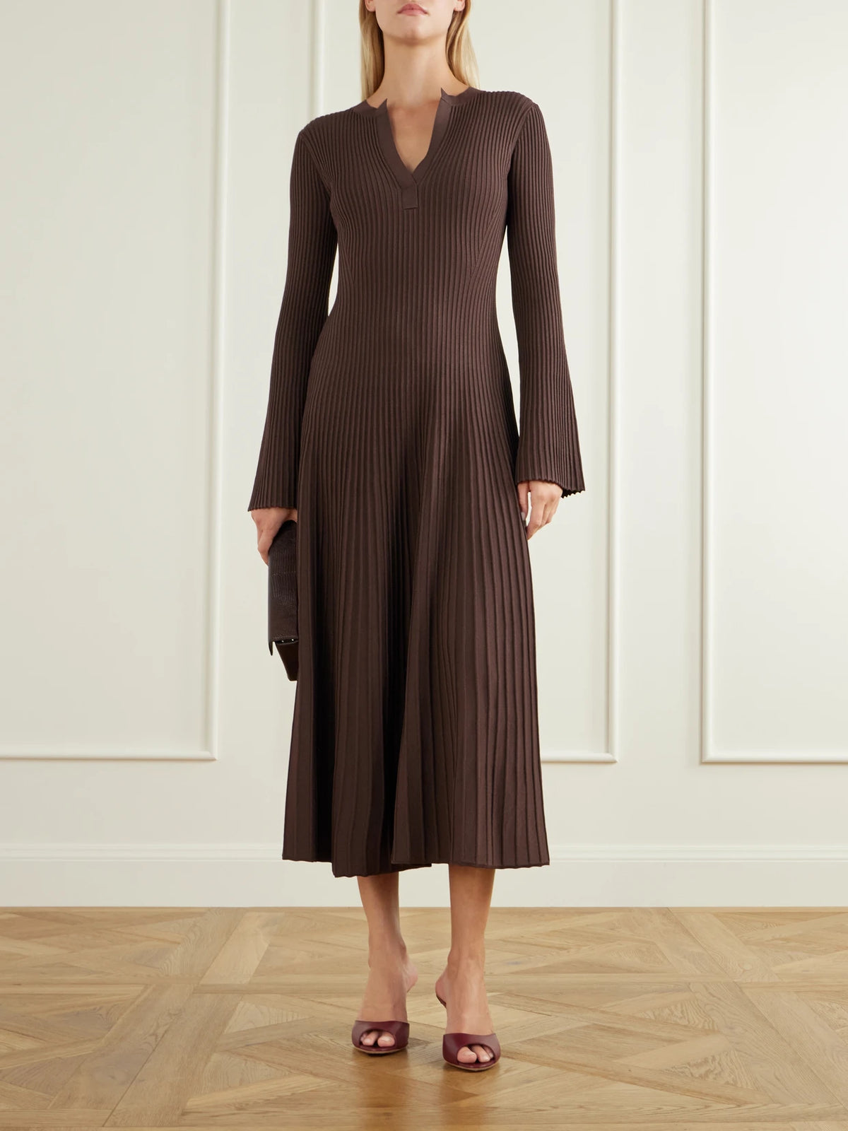 Image of Dresses. Product name - Genna Ribbed Woven Midi Dress in Brown colour by brand - SIMKHAI