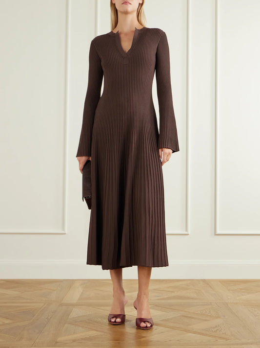 Image of Dresses. Product name - Genna Ribbed Woven Midi Dress in Brown colour by brand - SIMKHAI