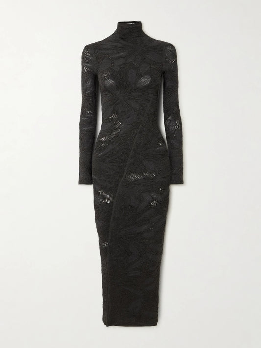 Image of Dresses. Product name - Silk-blend Jacquard-knit Midi Dress in Dark gray colour by brand - Alaïa