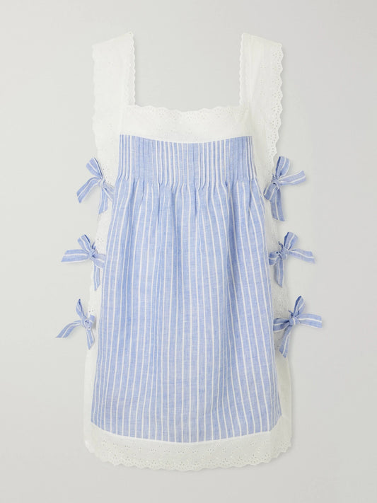 Image of Dresses. Product name - Fiocchini Bow-embellished Striped Broderie Anglaise-trimmed Linen Mini Dress in Blue colour by brand - Loretta Caponi