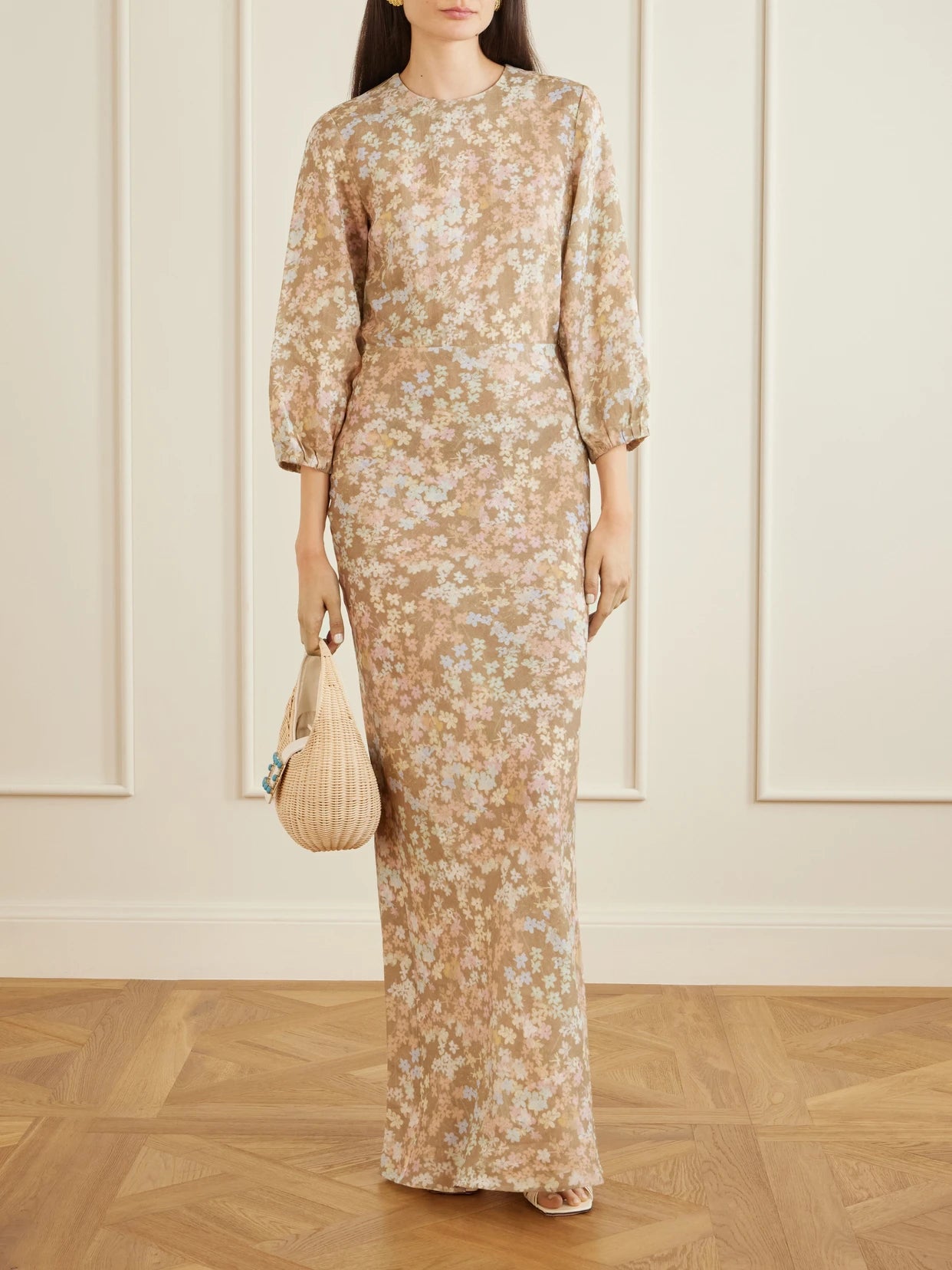 Image of Dresses. Product name - Berna Floral-print Linen Maxi Dress in Beige colour by brand - BERNADETTE