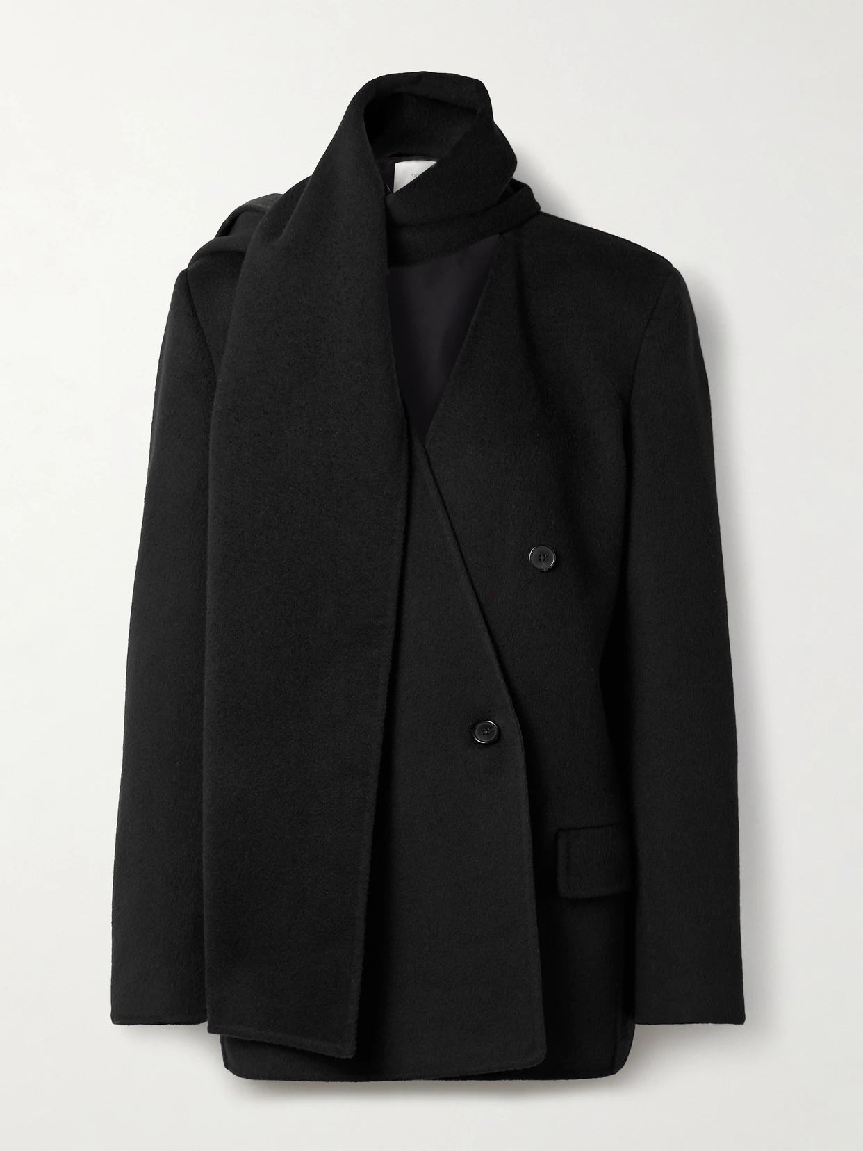 Image of Coats & Jackets. Product name - Calitra Scarf-detailed Double-breasted Cashmere Blazer in Black colour by brand - The Row