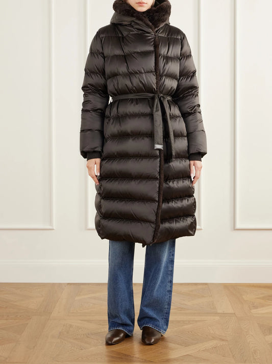 Max Mara Medusa Hooded Belted Quilted Plush-trimmed Shell Down Coat
