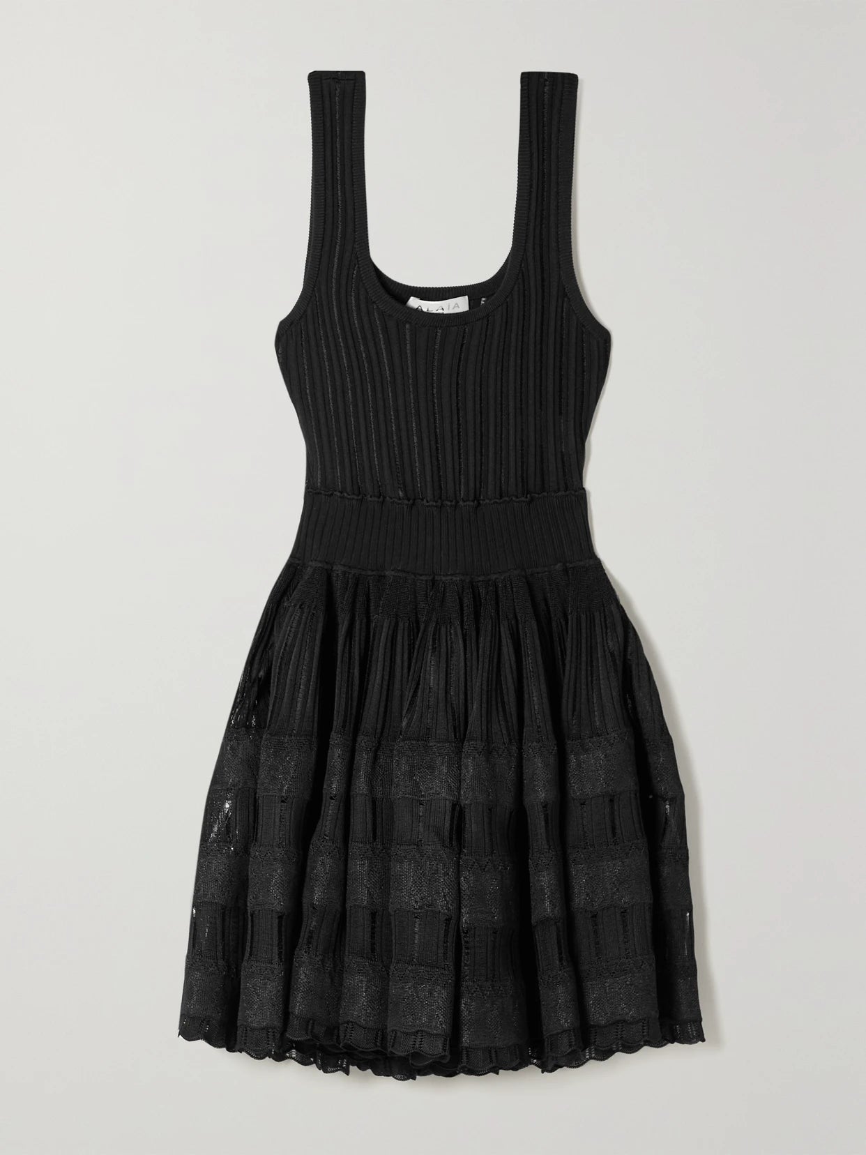 Image of Dresses. Product name - Ribbed Pointelle-knit Mini Dress in Black colour by brand - Alaïa