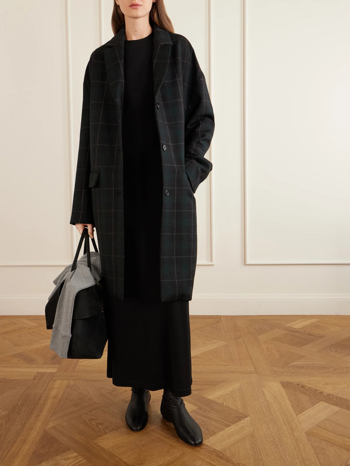 Image of Coats & Jackets. Product name - Checked Wool-blend Coat in Dark green colour by brand - TOTEME
