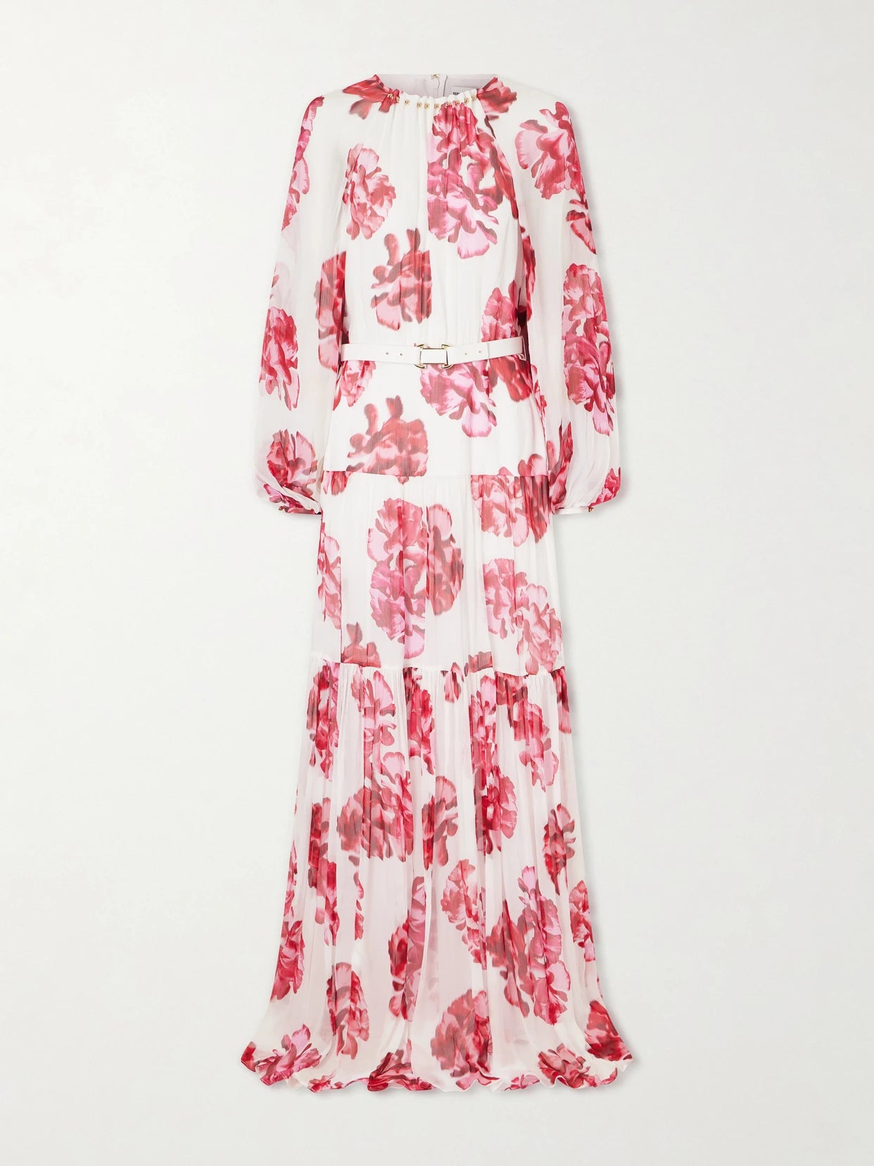 Image of Dresses. Product name - Damask Rose Embellished Tiered Floral-print Georgette Maxi Dress in Pink colour by brand - Rebecca Vallance