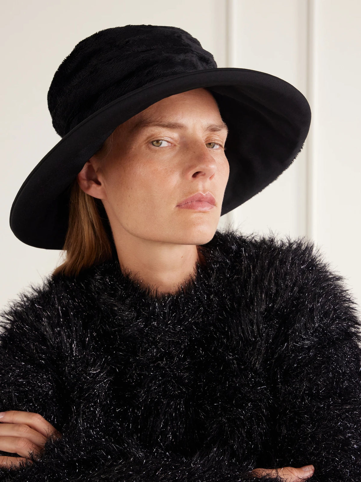 Image of Hats. Product name - Plush And Wool-gabardine Wide Brim Hat in Black colour by brand - Junya Watanabe