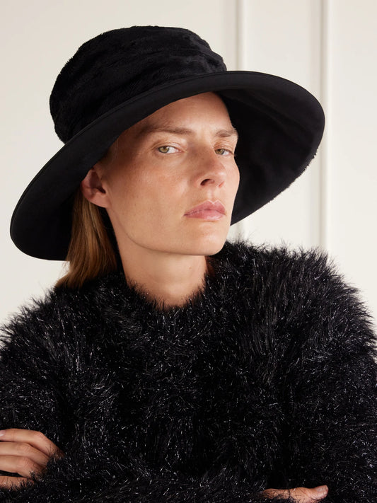 Image of Hats. Product name - Plush And Wool-gabardine Wide Brim Hat in Black colour by brand - Junya Watanabe
