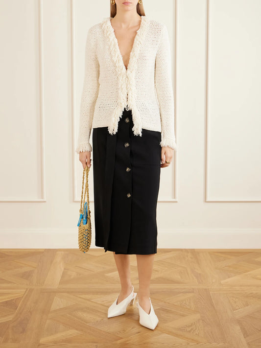 Image of a model wearing Outerwear. Product name - Nilo Textured-jacquard Wool-blend Cardigan in Off-white colour by brand - Proenza Schouler