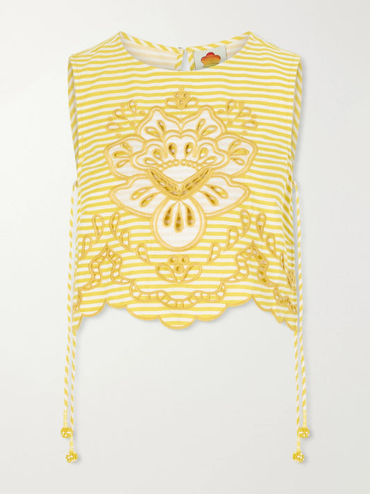 Image of a model wearing Tops. Product name - Cropped Striped Broderie Anglaise-trimmed Linen-blend Tank in Yellow colour by brand - Farm Rio