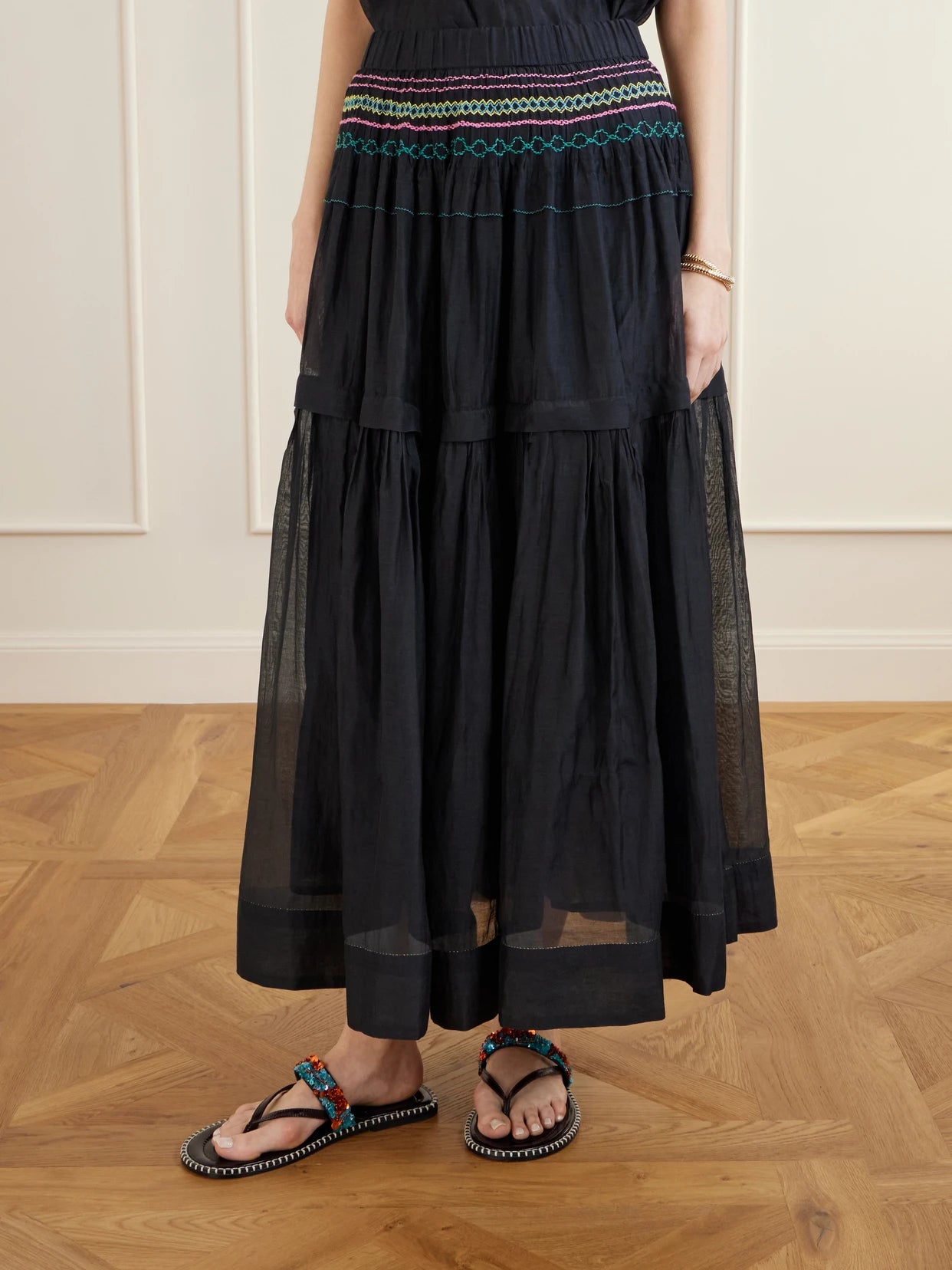 Munro Gathered Tiered Smocked Cotton And Silk-blend Voile Midi Skirt
