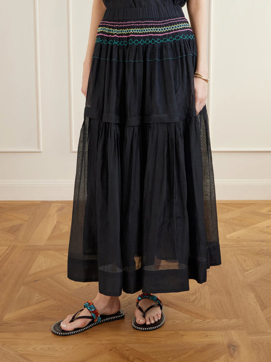 Munro Gathered Tiered Smocked Cotton And Silk-blend Voile Midi Skirt