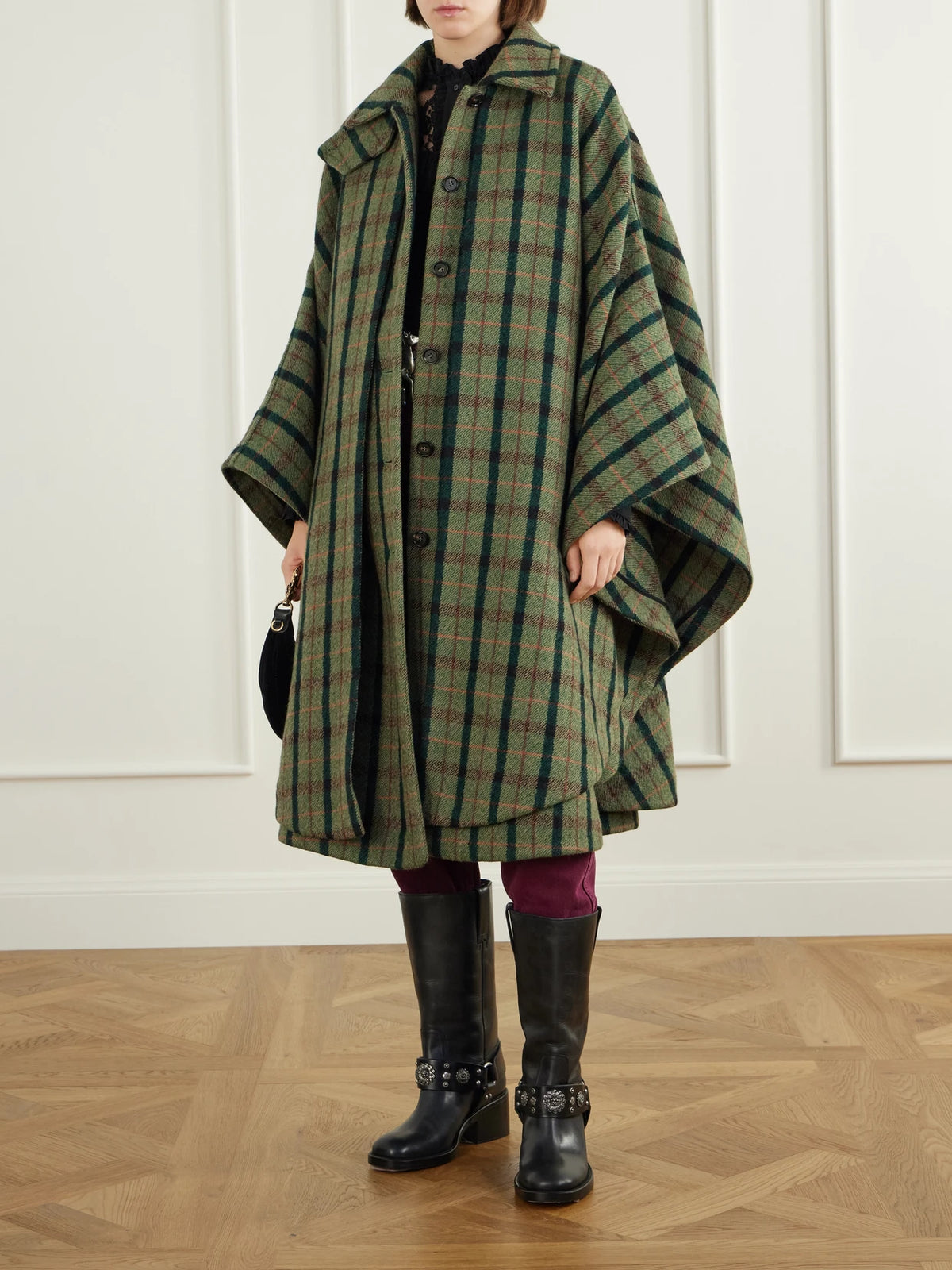 Image of Coats & Jackets. Product name - Checked Wool And Cotton-blend Coat in Green colour by brand - Chloé